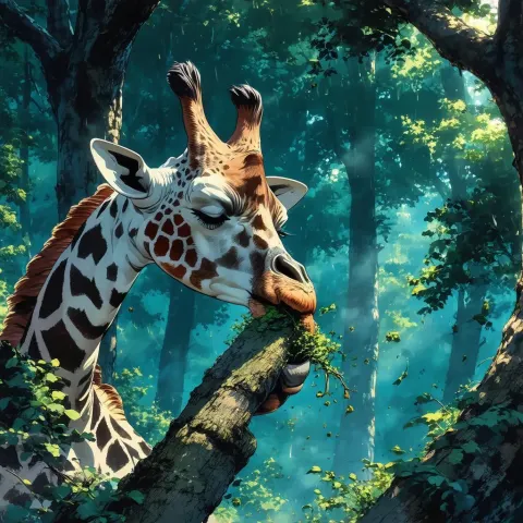 Manga Giraffe Munching Bark In Misty Forest