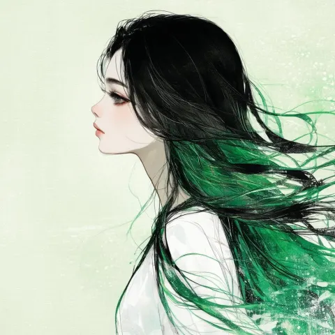 Girl With Emerald Tinted Flowing Hair