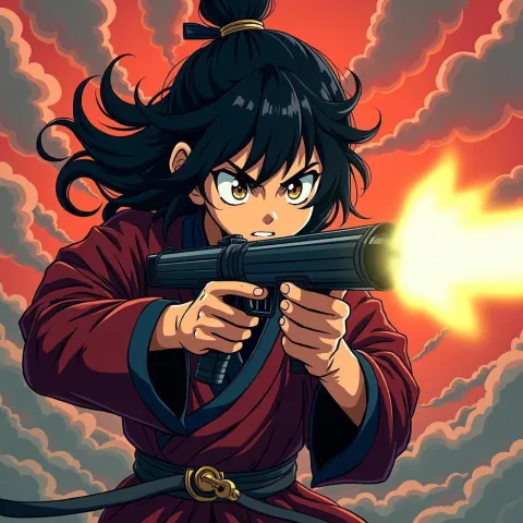 Anime Samurai Firing A Machine Gun