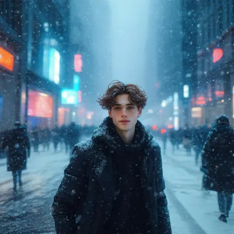 Wavy Haired Man In Night Snowstorm