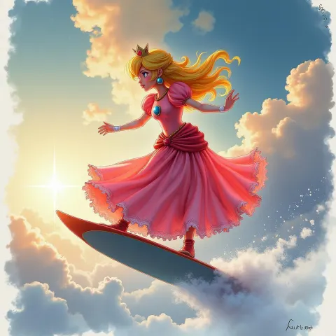 Princess Peach Surfing Space In Ink Wash