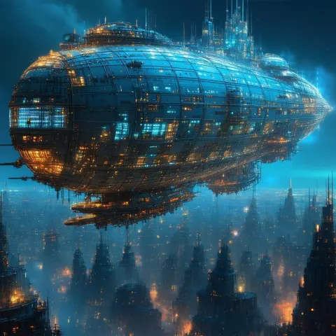 Colossal Neon Airship Over Dystopian City