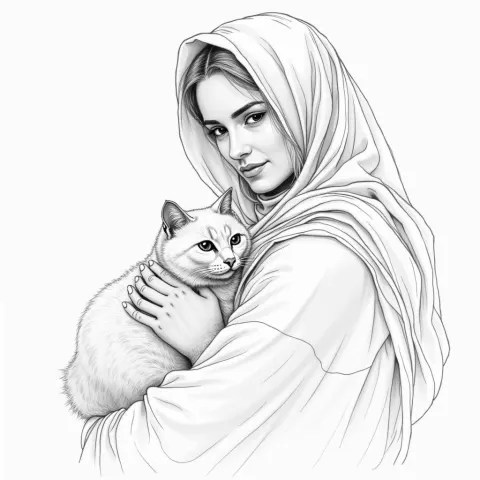 Turkish Woman And Cat In Pencil