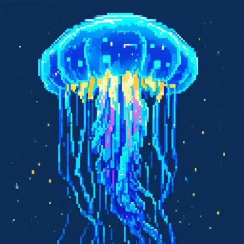 Bioluminescent Pixel Jellyfish In Crisp Blocks