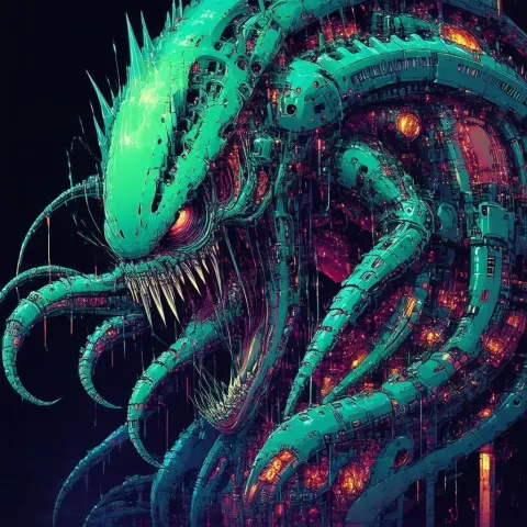 Mechanical Fractal Predator In Dark Room