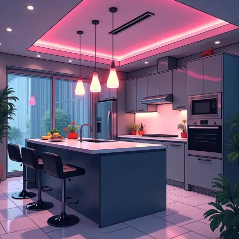Vibrant Anime Kitchen With Glowing Pendants