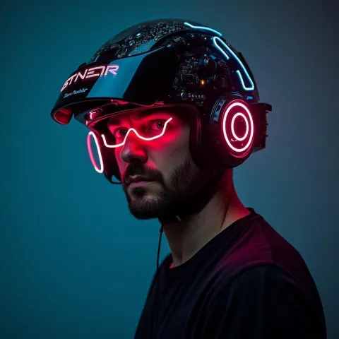 Determined Gaze Beneath Glowing Neonpunk Helmet