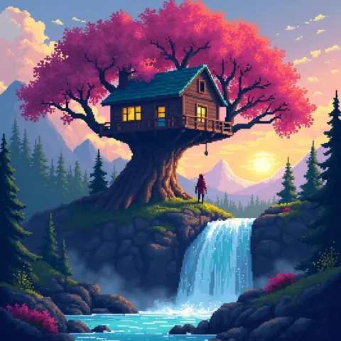 Pixel Treehouse In Neon Blue Tree