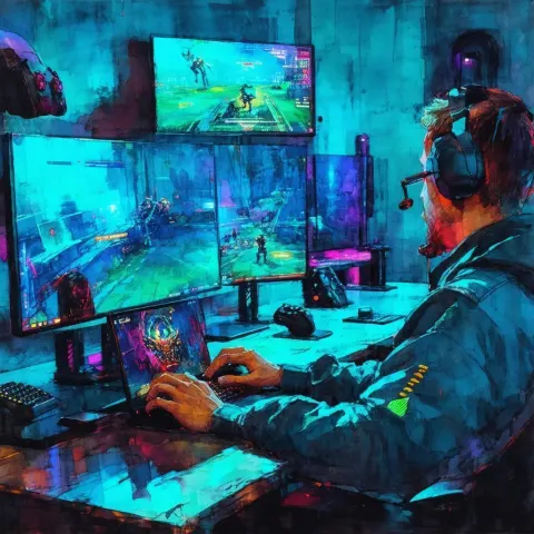 Gouache Gamer At Laptop In Cyberpunk Room