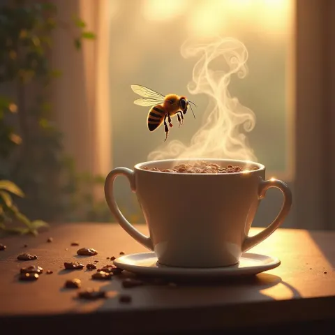 Bee Hovering Beside Steaming Cocoa Mug