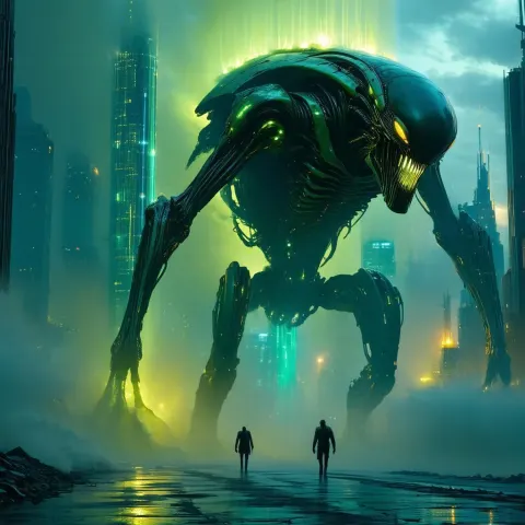 Neon Behemoth Carrying Skyscraper Through City