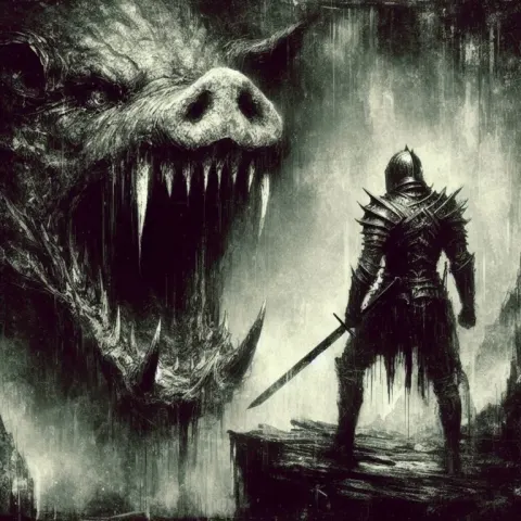 Gloomy Warrior Facing Horrific Pigdragon