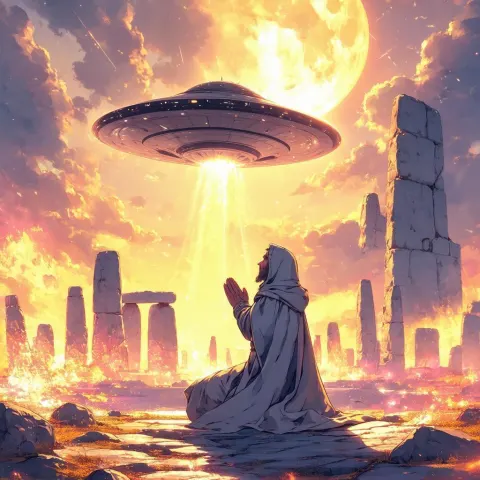 Monk Praying At UFO Floating Stonehenge