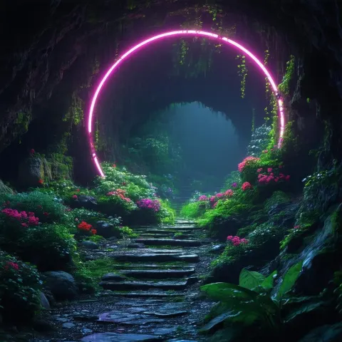 Neon Lit Garden Inside Moody Cave