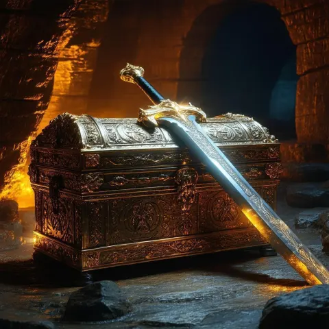 Ornate Treasure Chest With Propped Broadsword