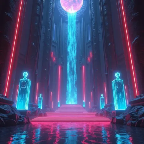 Neon Sci Fi Temple With Deco Statues