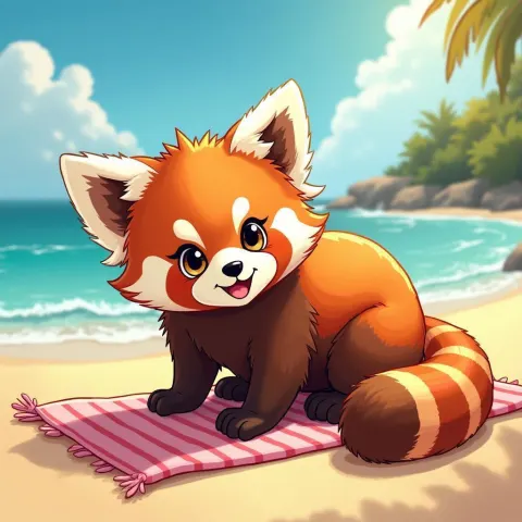 Anthro Red Panda Sunbathing On Beach