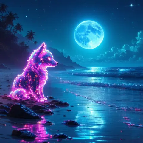 Neon Beach Creatures Beneath Holographic Moon