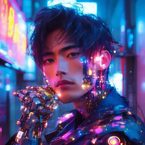 Neonpunk Youth With Cybernetic Arm
