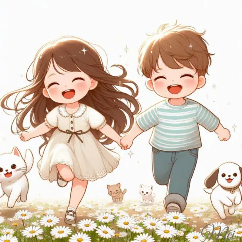Cute Girl Running Among Dandelions Illustration