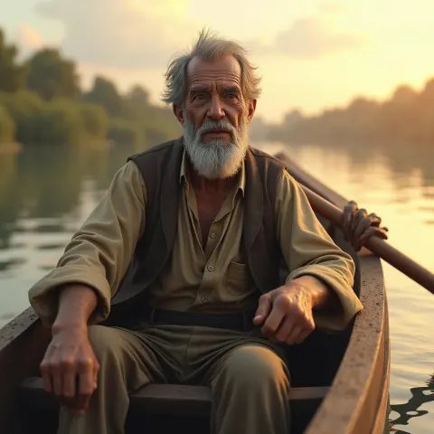 Serene Old Man Rowing At Dusk
