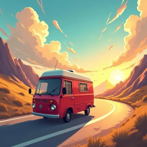 Red Camper On Sunny Winding Road