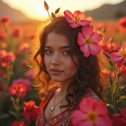 Chullachaqui Portrait Among Blooming Flowers