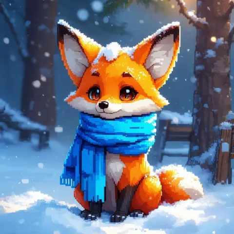 Pixel Fox In Blue Scarf Amid Snow