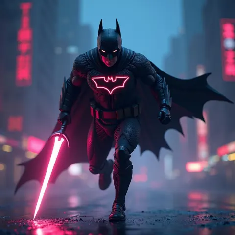 Digital Bat Knight Charging Through Neon