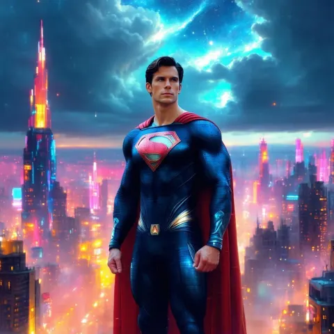 Super Man Before Neon Future Skyline