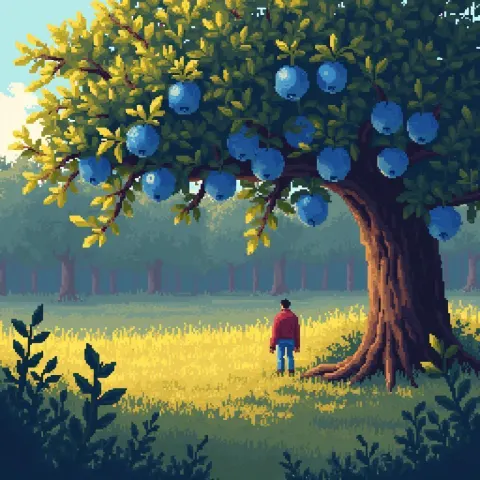 Blue Apples On Yellow Leaved Pixel Tree