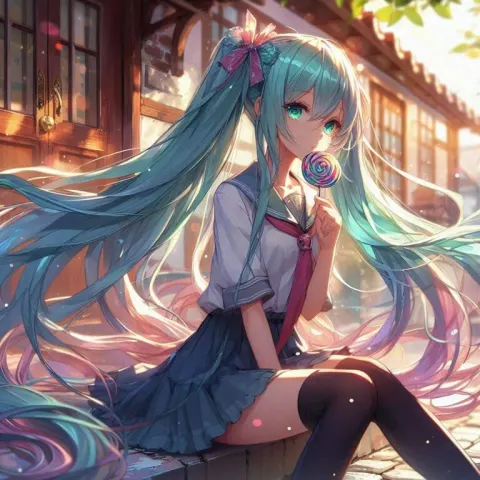 Anime Girl with Teal Hair Eating Lollipop