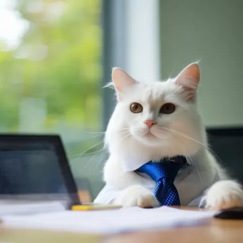 White Cat In Blue Tie Leading Meeting