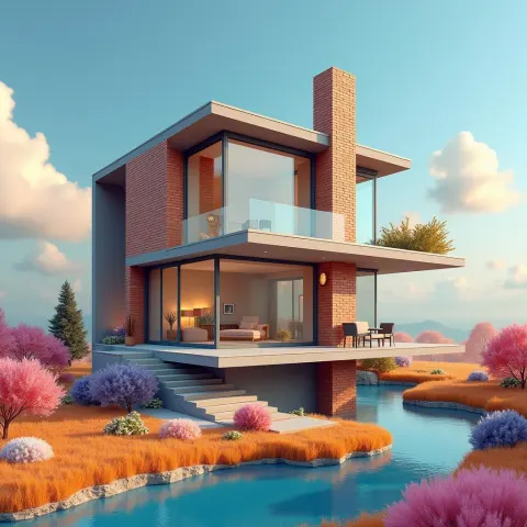 Surreal Modern House Floating In Dreamscape