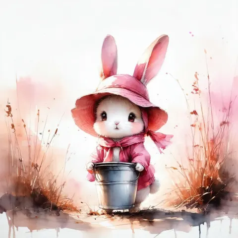Ink Wash Pink Rabbit In Bucket Hat