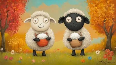 Whimsical Sheep Holding Wool in Fall Field