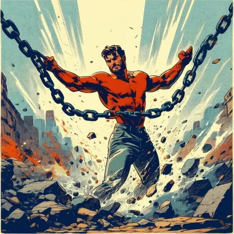Heroic Figure Breaking Free From Chains