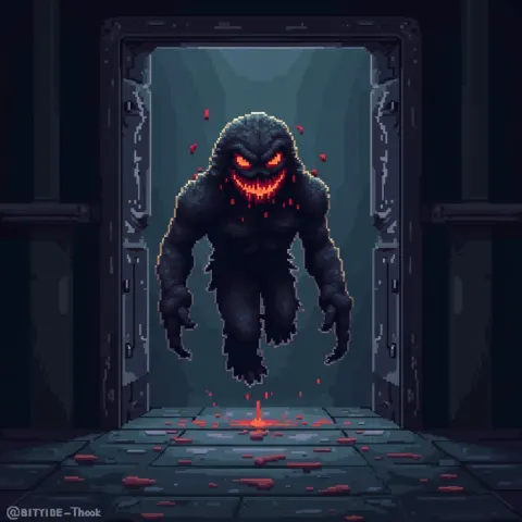 Menacing Pixel Creature In Dark Room