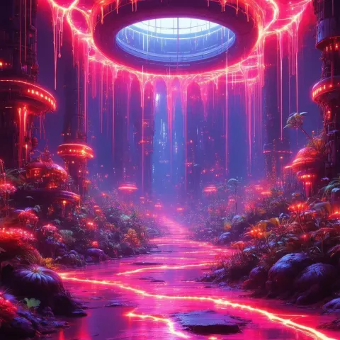 Eerie Neon Garden Beneath Glowing Dome