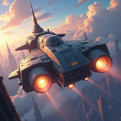 Golden Engined Spaceship Above Utopian City