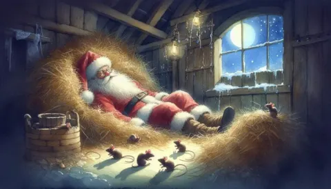 Santa Sleeping in Barn with Dancing Mice