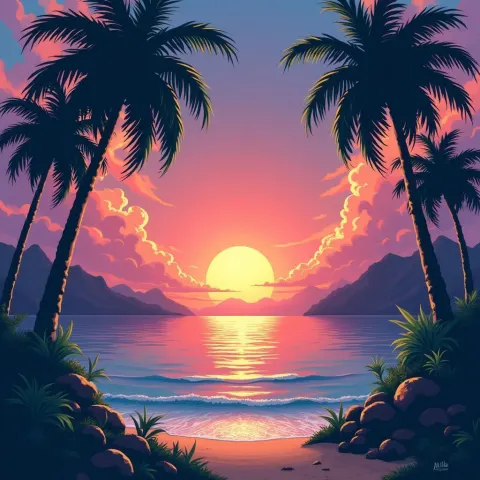 Ghibli Style Tropical Sunset Harmony