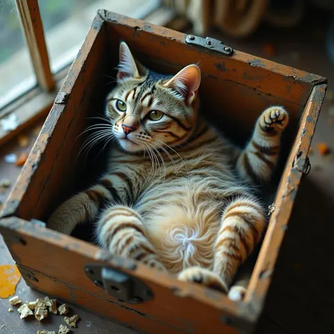 Half Vanished Cat In Wooden Box