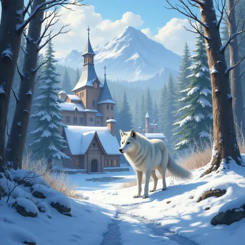 White Wolf Near Snowy Village Forest