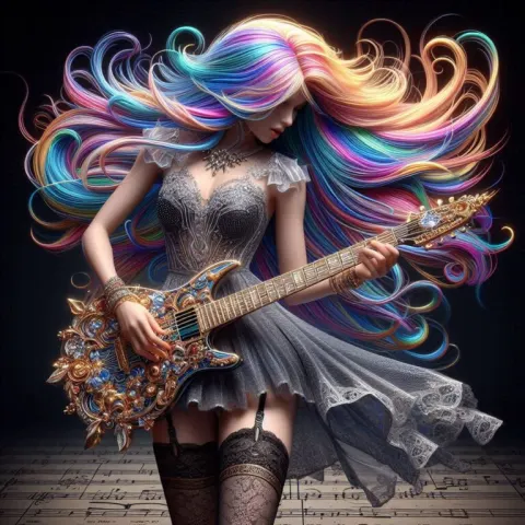 Rainbow Haired Woman Playing Guitar