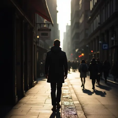 Man Walking Through Urban Bokeh Shadows