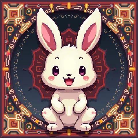 Smiling Pixel Rabbit With Oriental Patterns