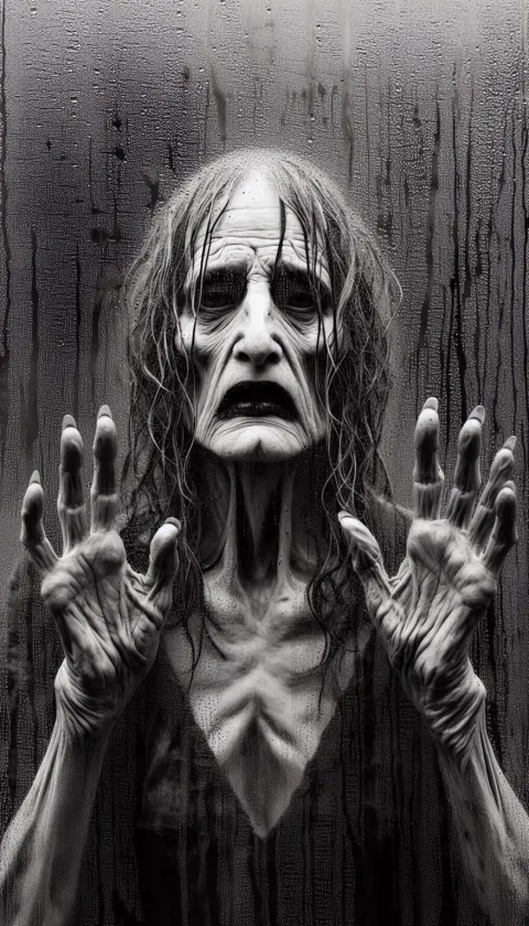 Creepy Female Figure Behind Glass Window