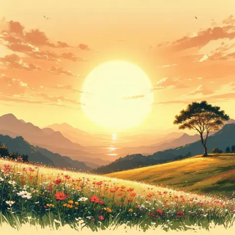 Ethereal Manga Sunset Over Wildflower Field