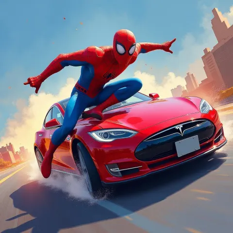 Spiderman Racing A Tesla In Gouache